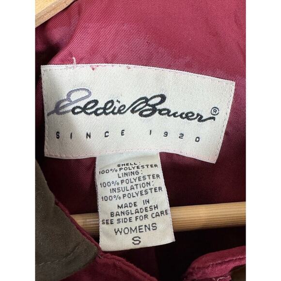 Eddie Bauer Womens Long Quilted Maroon Chore Jacket Brown Collar Utility Small - Picture 9 of 11